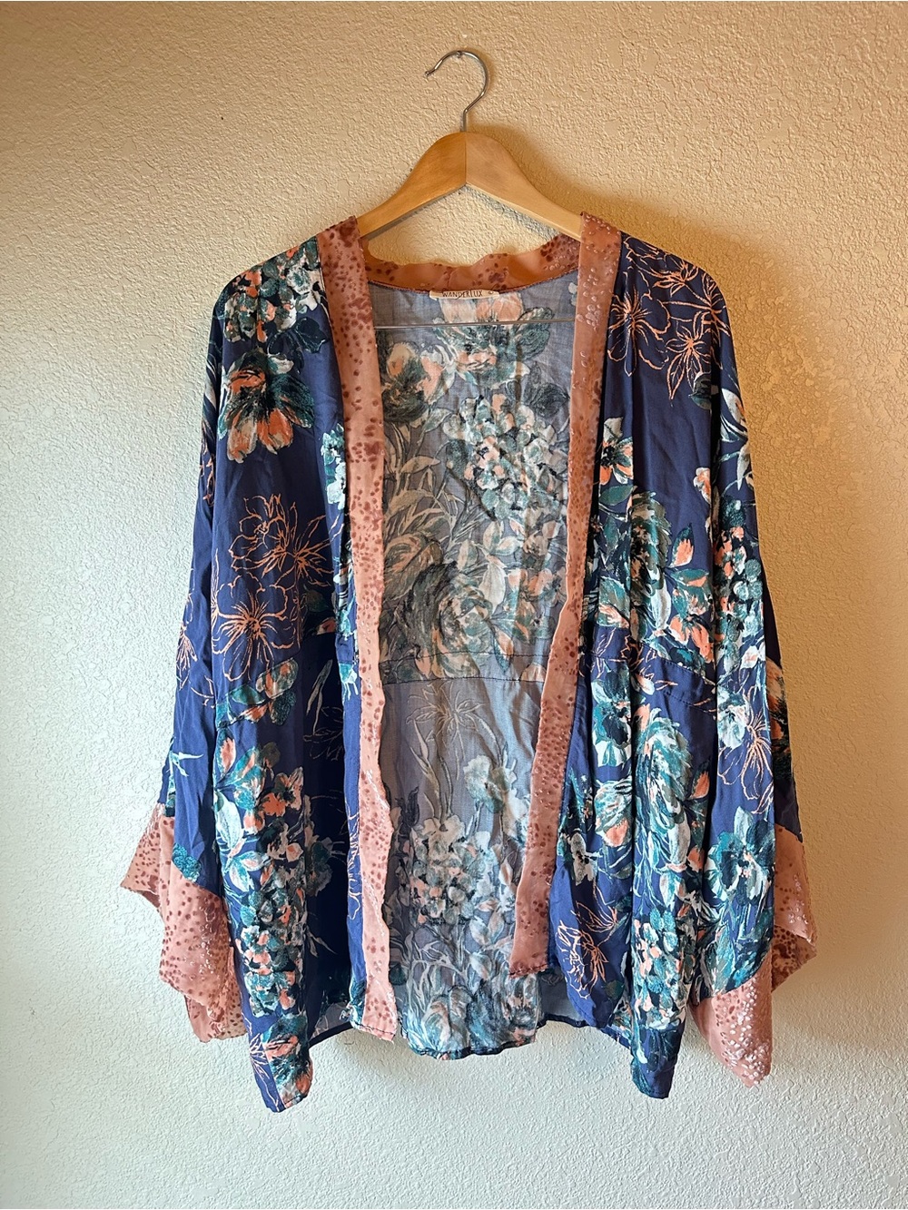 Navy Floral Open-Front Kimono with Blush Trim